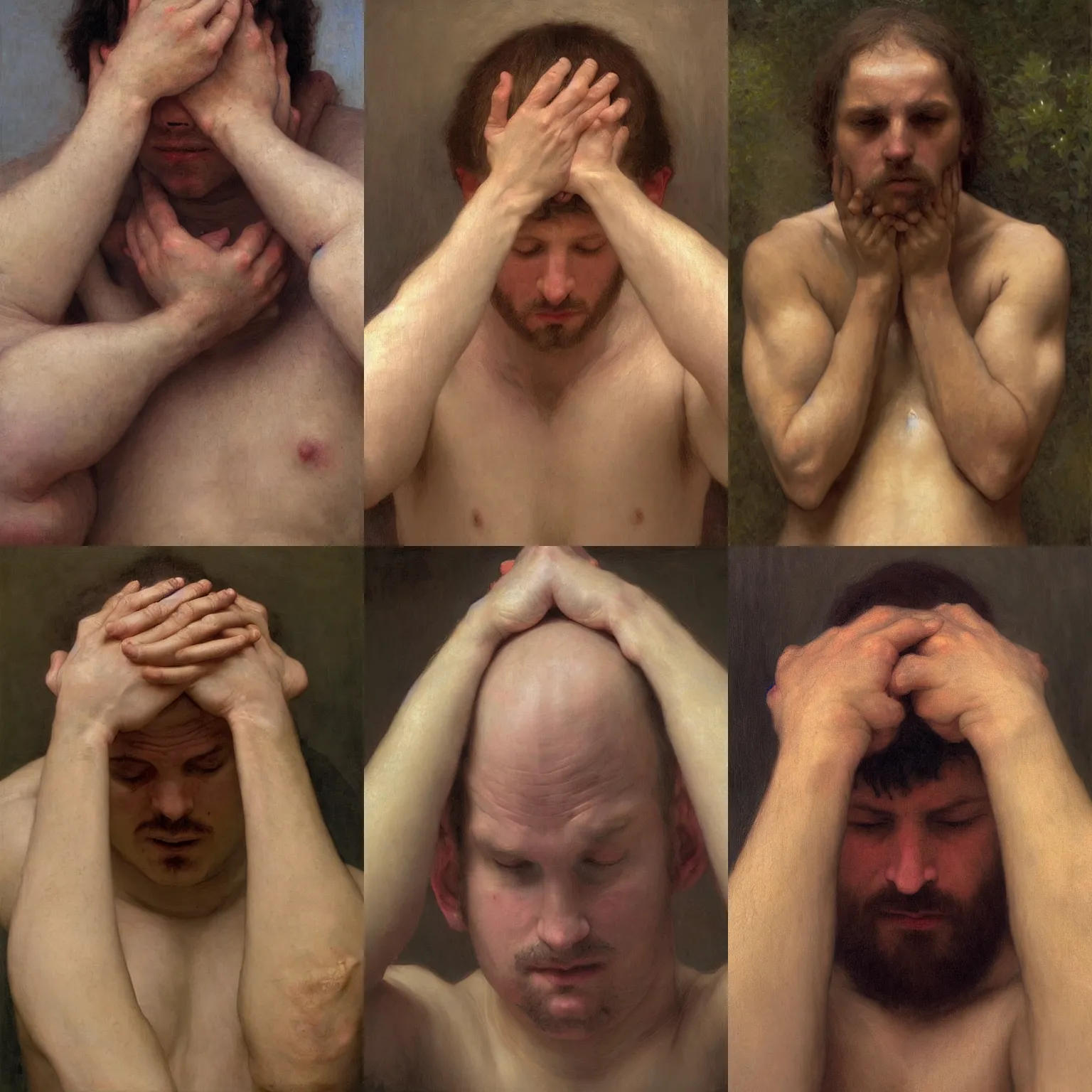 Prompt: A man holding his head with both hands and multiple arms coming out his body by Alyssa Monks, Bouguereau. Full shot; hyper realism, Realistic proportions, dramatic lighting, high detail 4K