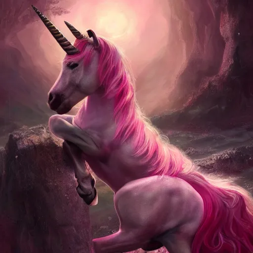 Image similar to A beautiful pink unicorn with a old goat, fantasy, portrait, oil on canvas, masterpiece, trending on artstation, cinematic composition, dramatic pose, beautiful lighting, sharp, details, hyper-detailed, HD, HDR, 4K, 8K