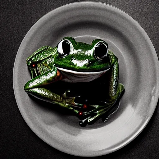 Image similar to frog hovering upside down over a plate with black milk, polaroid photography in style of andrey tarkovski, light caustics, paranormal, spiritual, mystical, sublime