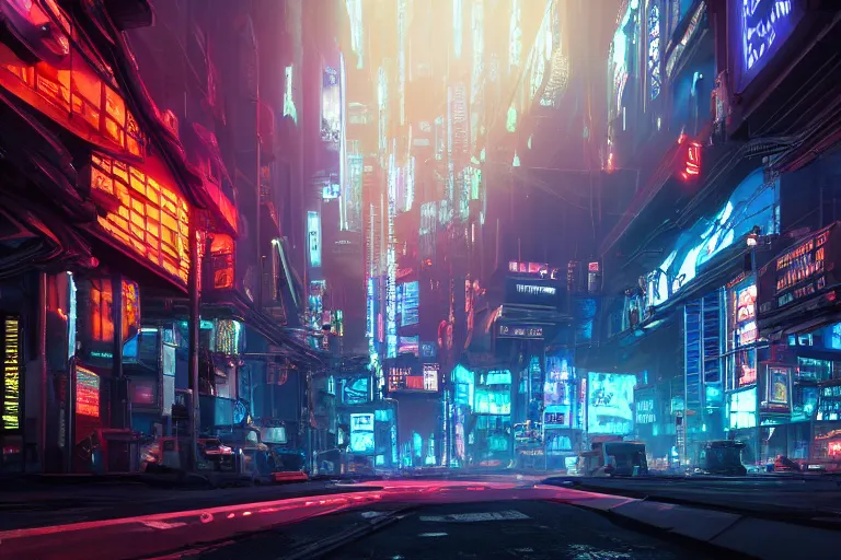 Prompt: wide-angle high-res rendering of the inside of cyberpunk street with large screens in 2077, intricate, elegant, sunrays, trending on Artstation, stunning volumetric lighting, Unreal Engine, 8K