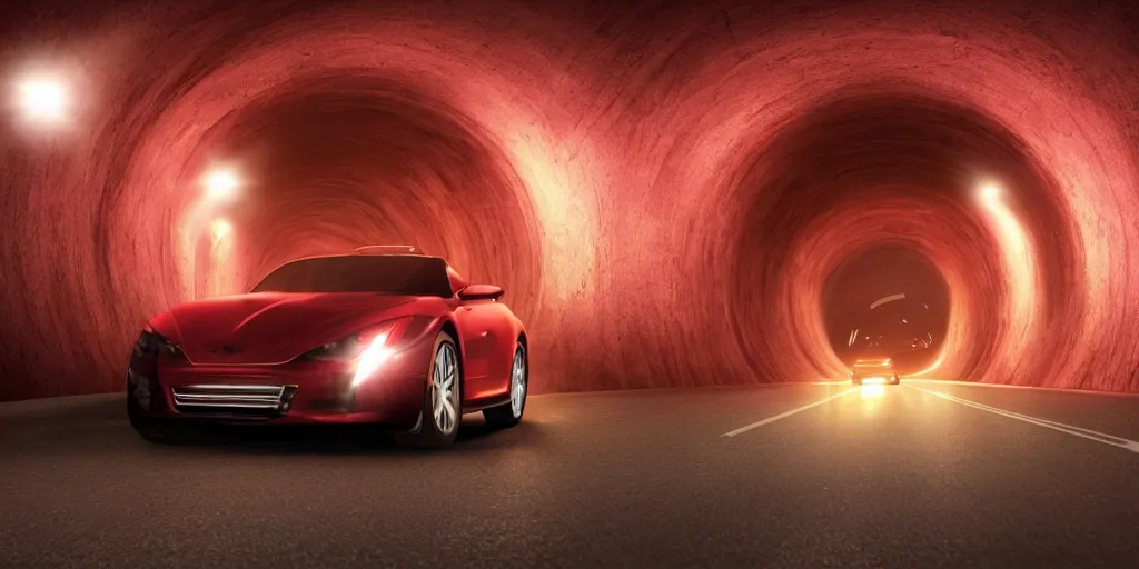 Image similar to a car driving through a tunnel at night, there's a girl standing on the car and two boys are driving the car, strobe light, realistic, 8 k