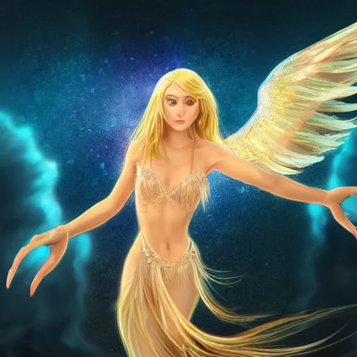 Image similar to Winged mermaid angel with blonde hair and glowing halo, iridescent, seraphim, fantasy, intricate, elegant, highly detailed, digital painting, artstation, concept art, smooth, sharp focus -ar 16:9