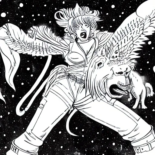 Prompt: lioness with wings in outer space, ink on paper, 8k high quality detailed art, trending on art station, manga art, by Eiichiro Oda