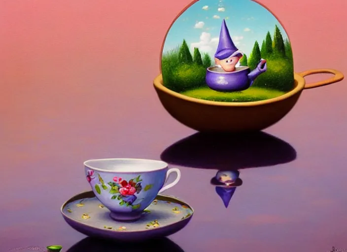 Image similar to a garden gnome sailing in a teacup, whimsical background of a reflective pond on a sunny day with dramatic clouds, an ultrafine detailed painting by mark ryden, trending on deviantart, pop surrealism, whimsical, lowbrow, joyous