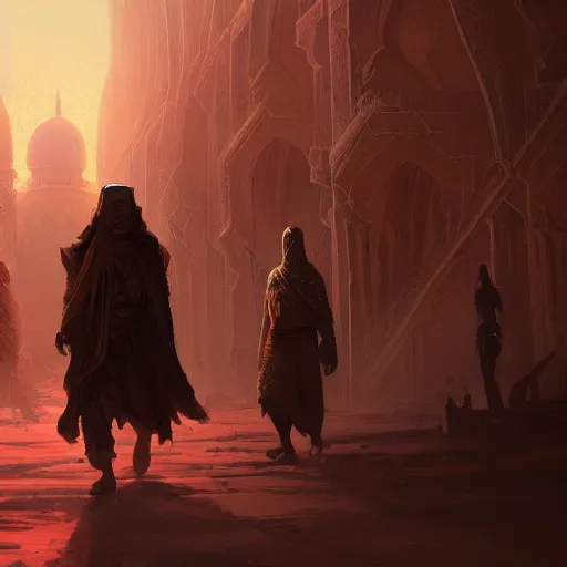 Prompt: Hyperdetailed masterpiece concept art of bedouin walking towards mosque, surrounded by nebula hyperdetailed concept art by Greg Rutkowski and Ross Tran, high quality DnD illustration, trending on ArtStation, all rights reserved Wizards of the Coast