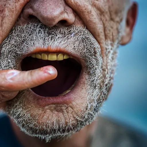 Prompt: crab biting the finger of an old man, canon eos r 3, f / 1. 4, iso 2 0 0, 1 / 1 6 0 s, 8 k, raw, unedited, symmetrical balance, wide angle