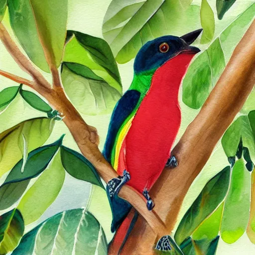 Prompt: A realistic painting of a Collared Trogon in a wild avocado tree, watercolour, pastel colours