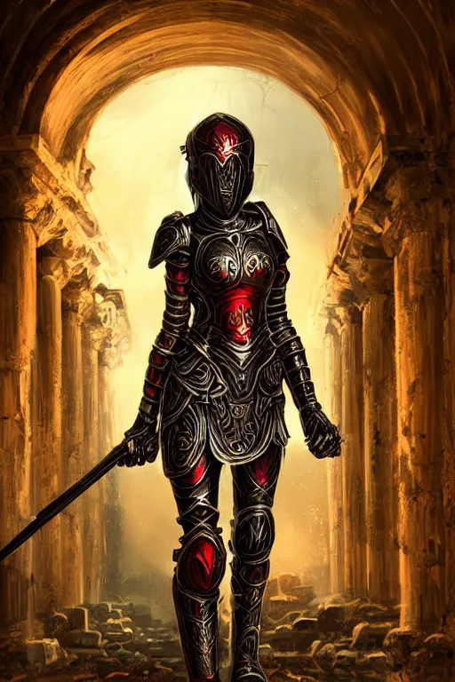 Prompt: portrait knights of Zodiac girl, metallic black and reddish color reflected armor, in heavily rainning ruin Agora of Athens, ssci-fi, fantasy, intricate, rim lights, natural atmosphere, great high details, cinematic lighting,, elegant, golden light, highly detailed, digital painting, concept art, smooth, sharp focus, illustration, art by artgerm and greg rutkowski and alphonse mucha and loish and WLOP