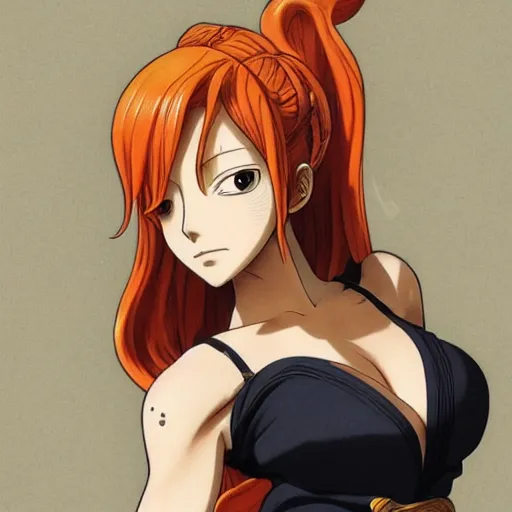 Image similar to intricately detailed vfx portrait of nami from one piece by eiichiro oda, makoto shinkai, alphonse mucha, art by artgerm and greg rutkowski, best of behance, concept art, matte, sharp focus, orange hair, elegant, adolphe bouguereau, annie leibovitz, stanley kubrick, cel shading, ray tracing, hdr,