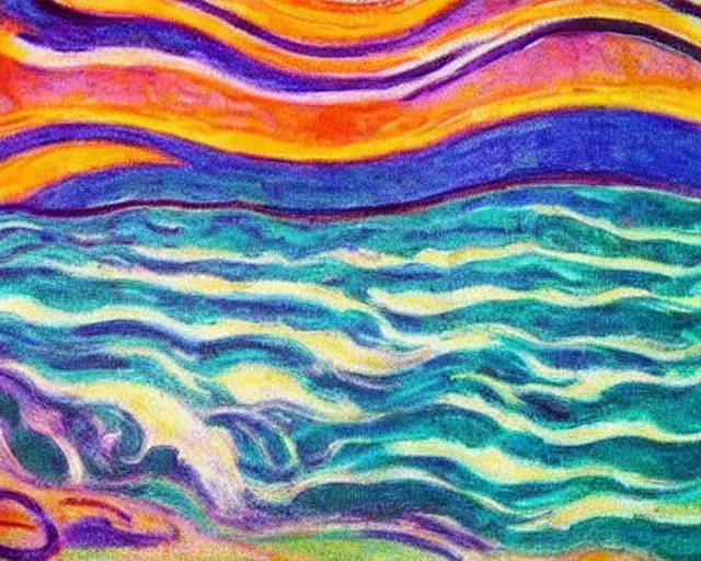 Prompt: Ocean waves in a psychedelic dream world. DMT. Landscape painting by Edvard Munch.