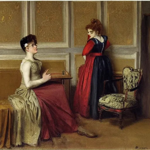 Image similar to theatre actress and factotum in the dressing rooms, by alfred stevens