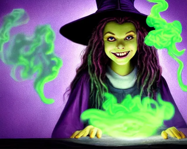Prompt: close up portrait, happy teen witch and her cat mixing a spell in a cauldron, faint wispy green and purple smoke fills the air, a witch hat, cinematic, green glowing smoke is coming out of the cauldron, ingredients on the table, apothecary shelves in the background, scary stories to tell in the dark book cover, goosebumps