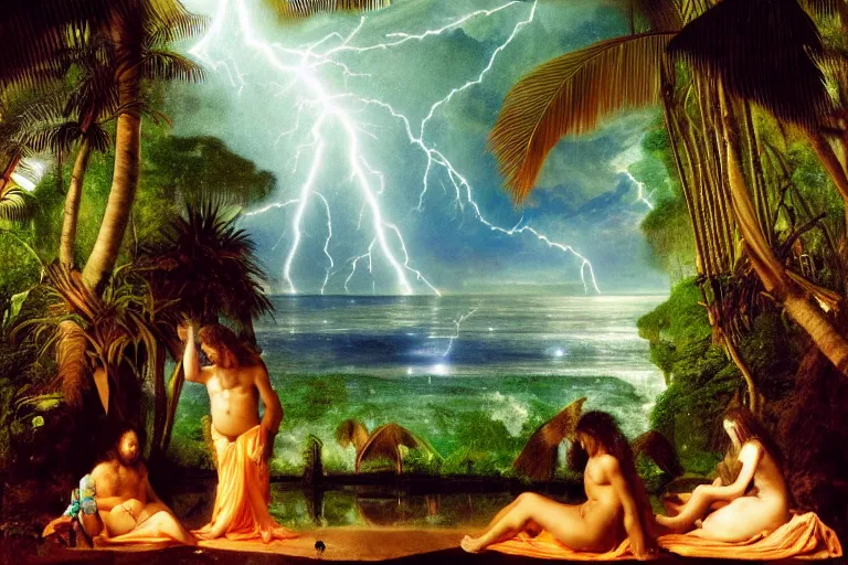 Prompt: The Ritual of the sacred elixir, refracted sparkles, thunderstorm, beach and Tropical vegetation on the background major arcana sky and symbols, by paul delaroche, hyperrealistic 4k uhd, award-winning, very detailed paradise