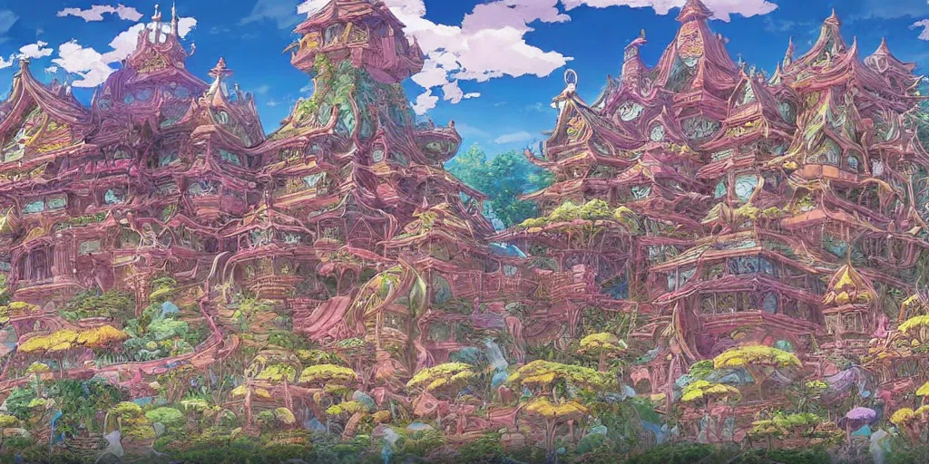 Image similar to beautifully detailed painting of a dreamy psychedelic Palace by studio ghibli , moebius, FFXIV environment design