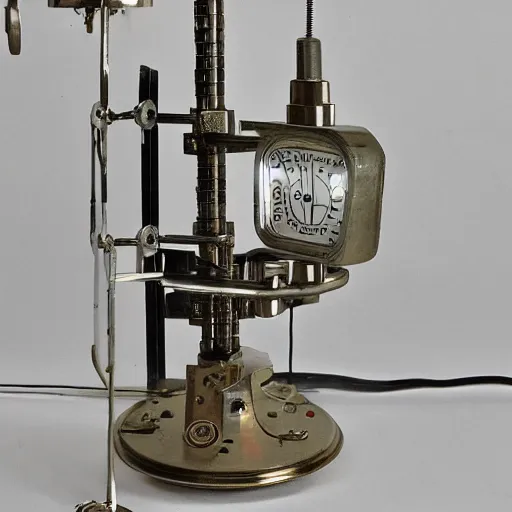 Prompt: a 1 9 6 0 s measurement device, intricate mechnical details, made of clean steal, mirrors and light bulbs, measurement needle display, studio lighting, complex machinery, museum piece