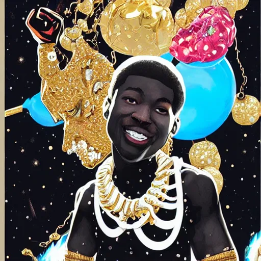 Image similar to a painting of miles morales, dripped out, diamonds, diamond chain, gold rings, gold watch, stylish, gold grill by sachin teng