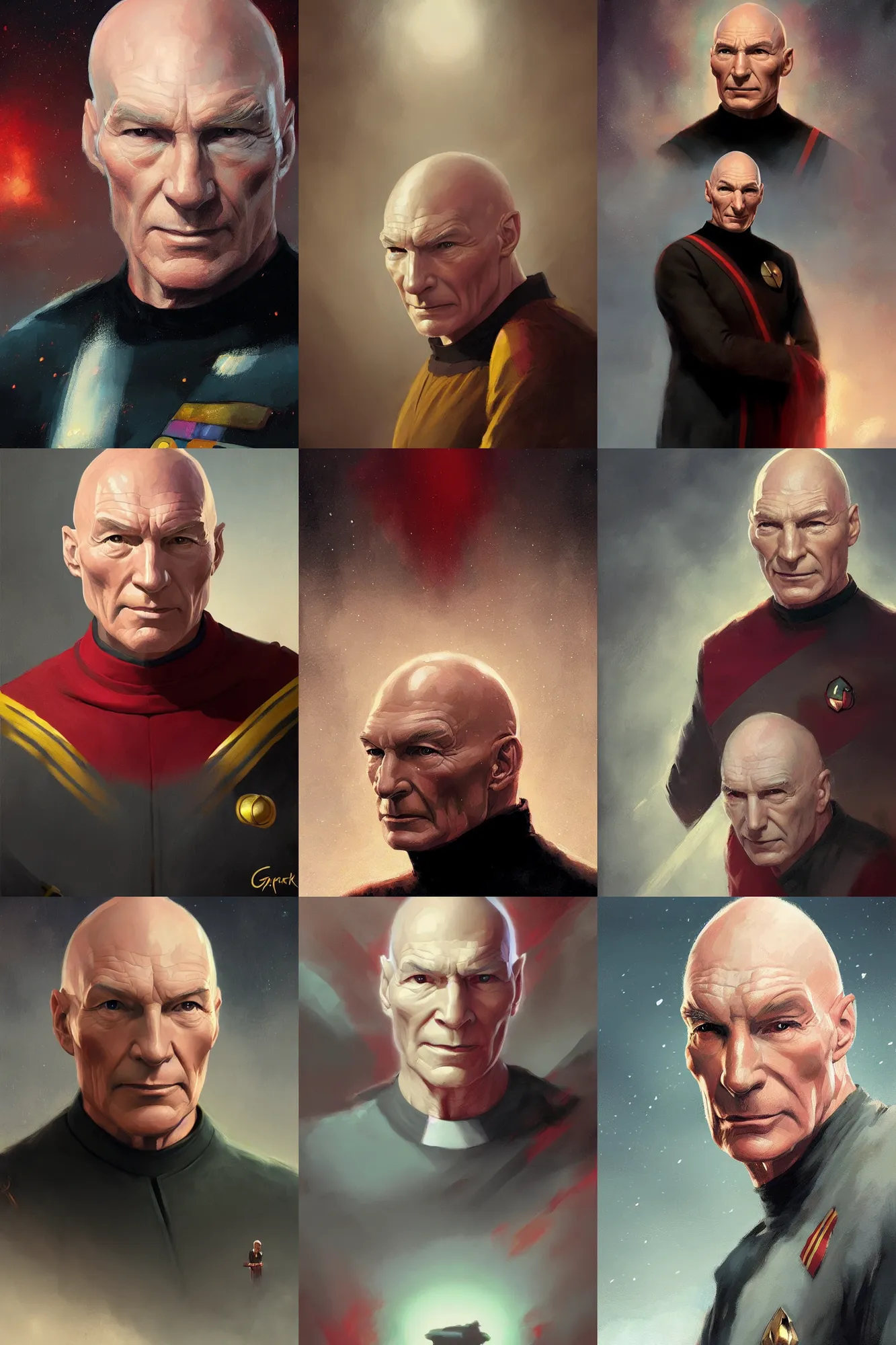 Prompt: portrait of Captain Picard, by Greg rutkowski, Trending artstation, cinematográfica, digital Art