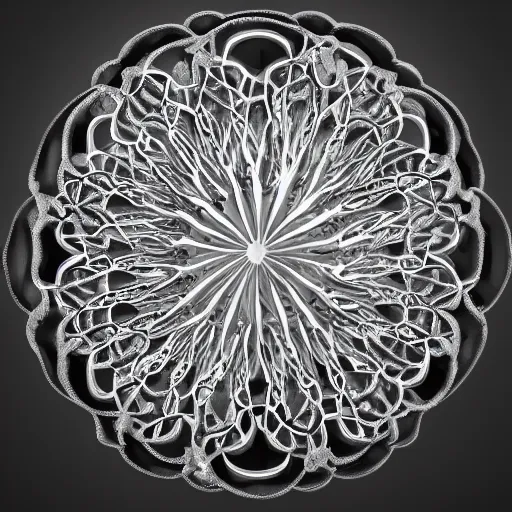 Image similar to filigree nordic jewelry isolated on white background and a flower in the background, refraction, occlusion, keyshot render, octane render, vray render