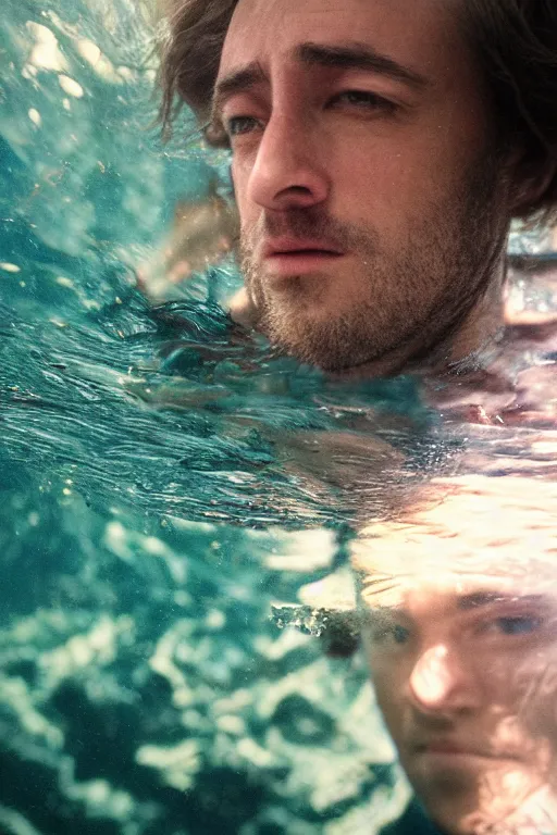 Prompt: Kodak portra 160, 8K, highly detailed, portrait, focus on face: famous french actor in low budget movie remake, underwater scene