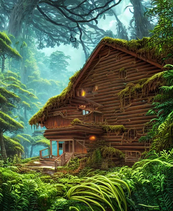 Image similar to an enormous cabin exterior, overgrown with exotic fungus, overgrown with huge ferns, cliff side, noon, sun drenched, partly cloudy, by dan mumford, yusuke murata, makoto shinkai, ross tran, cinematic, unreal engine, cel shaded, featured on artstation, pixiv