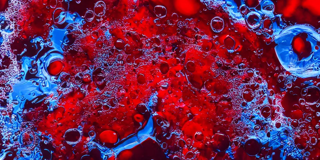 Prompt: scientific studio photograph of a clear water solution attempting to mix with red oil, with bubbles and unmerging layered systems. artstation hq, 8 k