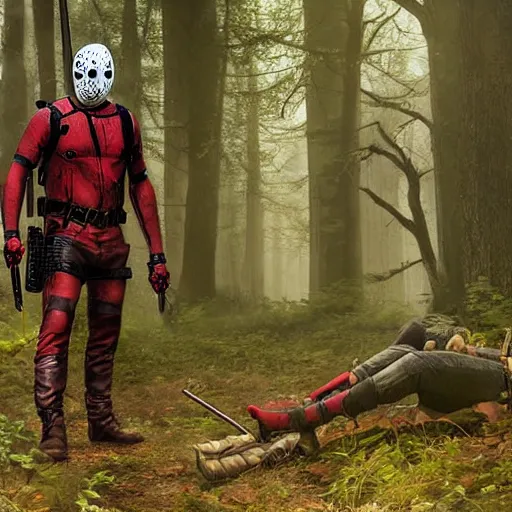 Image similar to jason voorhees meets deadpool in the woods digital art 4 k detailed super realistic