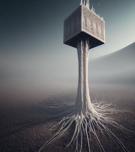 Image similar to surreal tower made of white crystalized aerial veins, inverted white roots in the floor, in the desert, foggy sky, dark night, octane render, unreal engine, pale colors, high detail, 8 k, wide angle, trending on artstation, behance