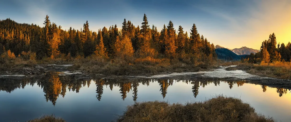 Image similar to realistic trees, mountains, river, landscape, photo, 4k, wind,reflections, realistic, camera, sunset, warm tones