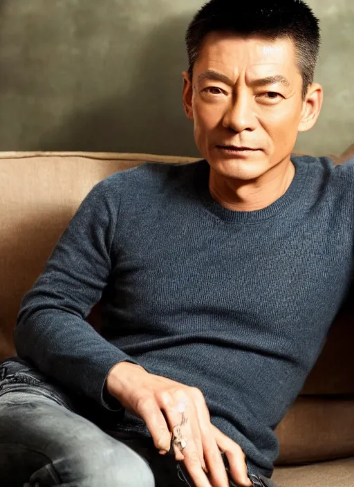 Image similar to hong kong star andy lau sits on the sofa and smokes