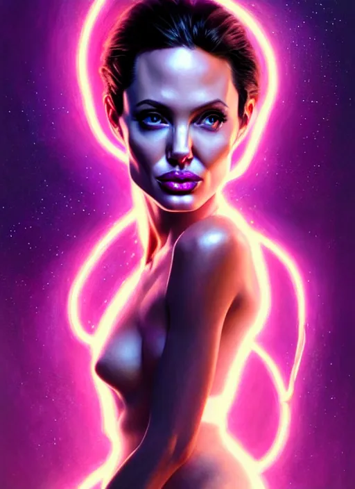 Image similar to a angelina jolie faceless glowing liquefied stardust adventurer, dnd fantasy character, full body portrait, glowing neon skin, magical aura, ultra realistic, intricate, elegant, highly detailed, digital painting, artstation, smooth, sharp, focus, illustration, art by artgerm and greg rutkowski and alphonse mucha