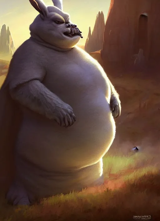 Image similar to hyper realistic, star wars, zoomed out portrait of a mega derpy big chungus, stoned, by greg rutkowski, scott m fischer, artgerm, loish, slight glow, atmospheric, anne stokes, alexandros pyromallis