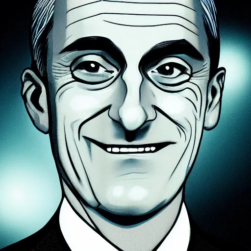 Image similar to digital illustration of secretary of denis mcdonough face, cover art of graphic novel, eyes replaced by glowing lights, glowing eyes, evil laugh, menacing, villain, clean lines, clean ink