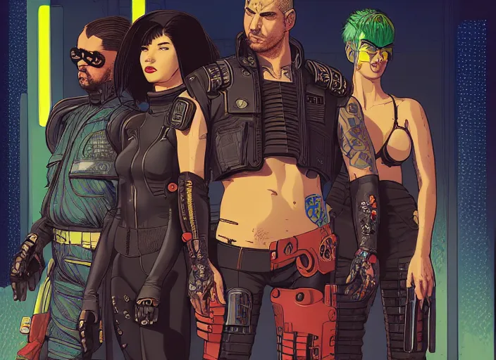 Image similar to cyberpunk samurai team. portrait by stonehouse and mœbius and will eisner and gil elvgren and pixar. character design. realistic proportions. cyberpunk 2 0 7 7 character art, blade runner 2 0 4 9 concept art. cel shading. attractive face. thick lines. the team. diverse characters. artstationhq.