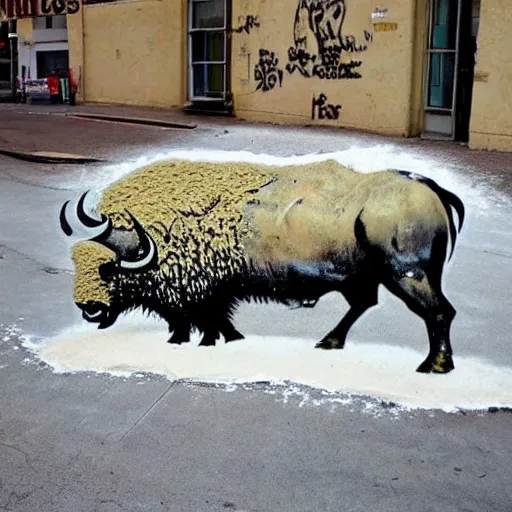 Prompt: a buffalo covered in flour in the middle of the street, graffiti banksy art