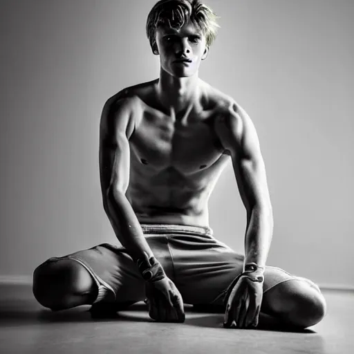 Image similar to a realistic detailed photo of a guy who is an attractive humanoid who is half robot and half humanoid, who is a male android, soccer player martin ødegaard, shiny skin, posing like a statue, blank stare, in a living room, on display, showing off his muscles, with a twin