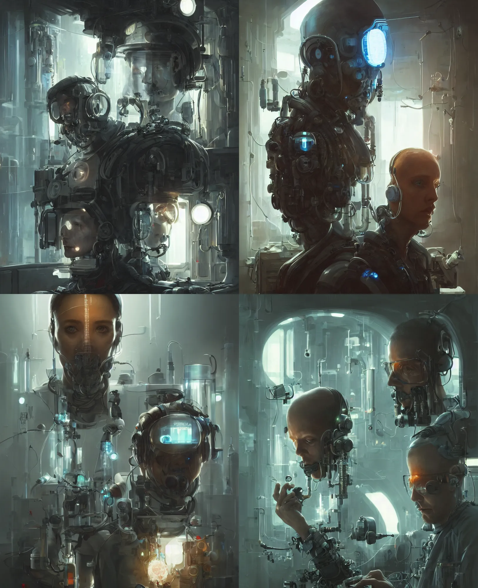 Prompt: a portrait of a scifi technician in the laboratory, scifi character, cyberpunk suit, clear face, concept art, highly detailed, greg rutkowski, cedric peyravernay, denys tsiperko, artstation, 8 k