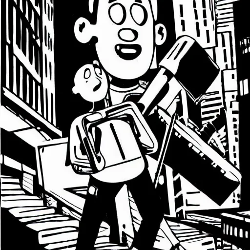 Prompt: a man carrying boltcutters. childrens coloring book, chris ware, nick drnaso, stylised graphic novel, black and white, coloring pages