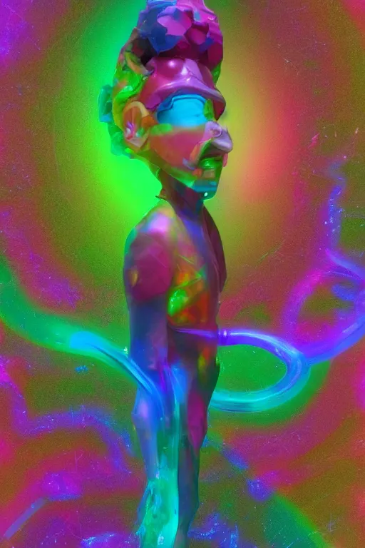 Prompt: a hyperdimensional jester, neon rainbow quartz, 4k detailed hyperrealistic digital photo by Andy Thomas, Mario Martinez, Daniel Mirante, Gustave Dore, Artstation, CGsociety