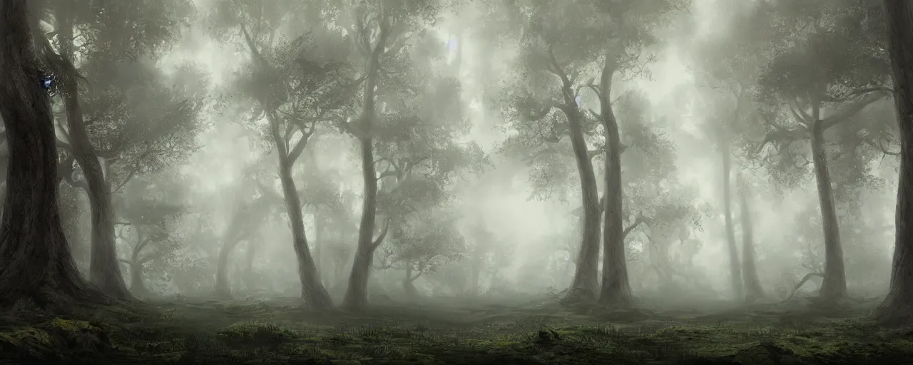 Prompt: a painting of a tree in a foggy forest, a detailed matte painting by senior environment artist, cgsociety, fantasy art, cryengine, matte painting, volumetric lighting