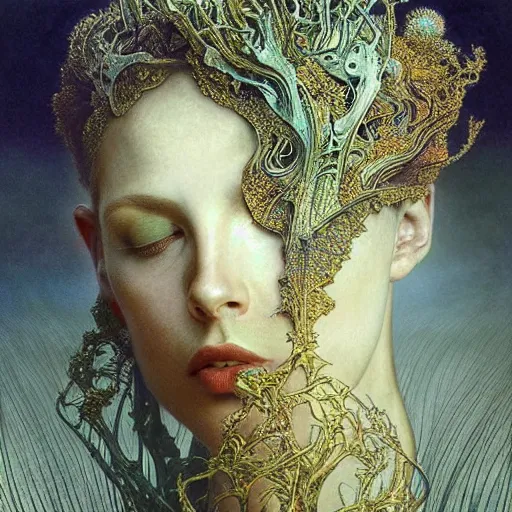 Image similar to queen of jupiter by zdzisław beksinski, iris van herpen!!!, raymond swanland and alphonse mucha. highly detailed!, hyper - real, beautiful!