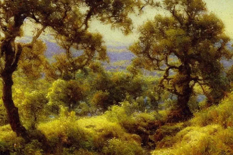 Prompt: masterpiece painting of oak trees on a hillside overlooking a creek, dramatic lighting, by gaston bussiere