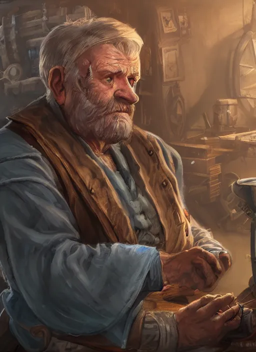 Image similar to An epic fantasy comic book style portrait painting of a an old tinker fat man working on a device in his workshop in the style of the wheel of time, unreal 5, DAZ, hyperrealistic, octane render, cosplay, RPG portrait, dynamic lighting