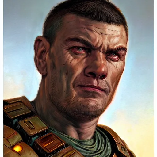 Image similar to the doomguy as a realistic d & d fantasy character, closeup portrait art by donato giancola and greg rutkowski, vintage retro, realistic face, digital art, trending on artstation, symmetry!!