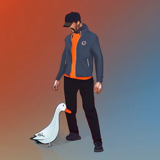 Image similar to man in orange shirt zip - up a goose, artstation