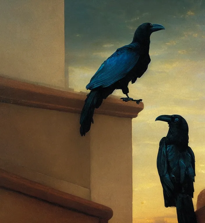 Image similar to a beautifully weird funny cheeky photoreal clear detailed victorian portrait of a close up raven on a victorian windowsill with an ornate velvet dark teal curtain at beautiful sunset daytime nature sunlit painting by frederic leighton and turner and morris and rosetti, 8 k, octane render