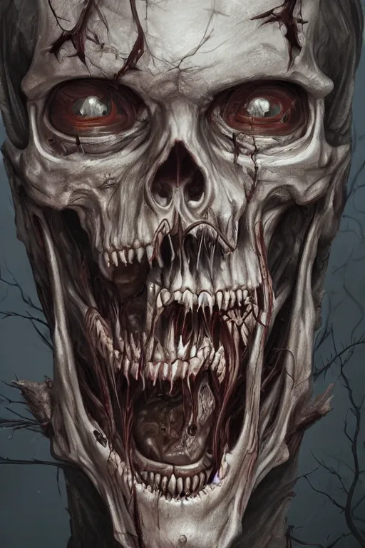 Image similar to Haunting horrifying detailed painting of a man with half a skeleton face and fleshy growths on his face, sharp teeth and dead eyes without iris, hyper detailed, trending on Artstation