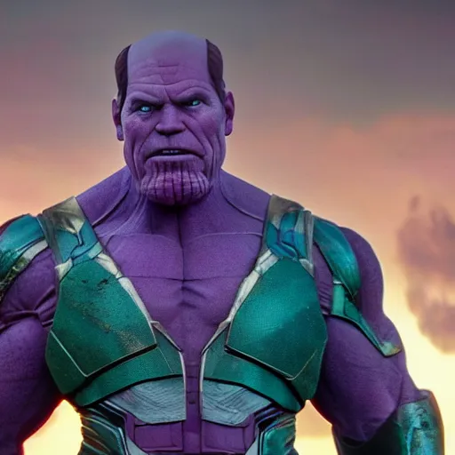 Prompt: Bryan Cranston as Thanos, HD promotional screenshot from new Avengers film, 8k ultra realistic, Marvel animation