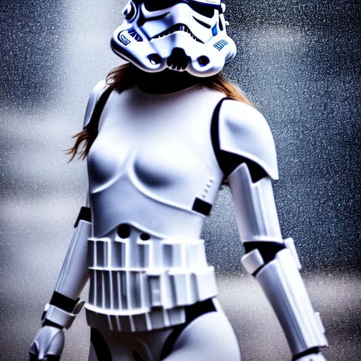 Image similar to fully body pose, photo of a very beautiful!! victoria secret model, stormtrooper helmet, wet hair, raining, 8 k, hdr, smooth, sharp focus, high resolution, award - winning photo, trending on artstation, dslr, 5 0 mm