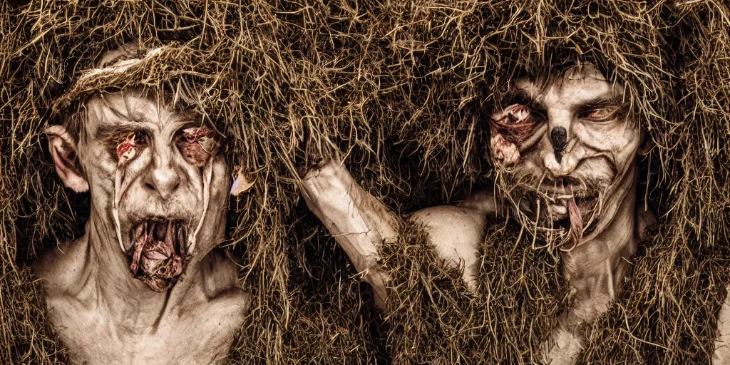 Prompt: portrait of a tyrolean farmer turning into krampus wearing hay coat with horns visible muscles and veins and arteries and bones and spines and nerves eerie flowers