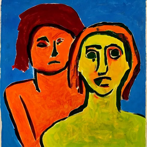 Image similar to two girls holding hands while watching the world burn, done in the style of matisse, caravaggio, basquiat, akseli gallen kallela, highly detailed, 4 k